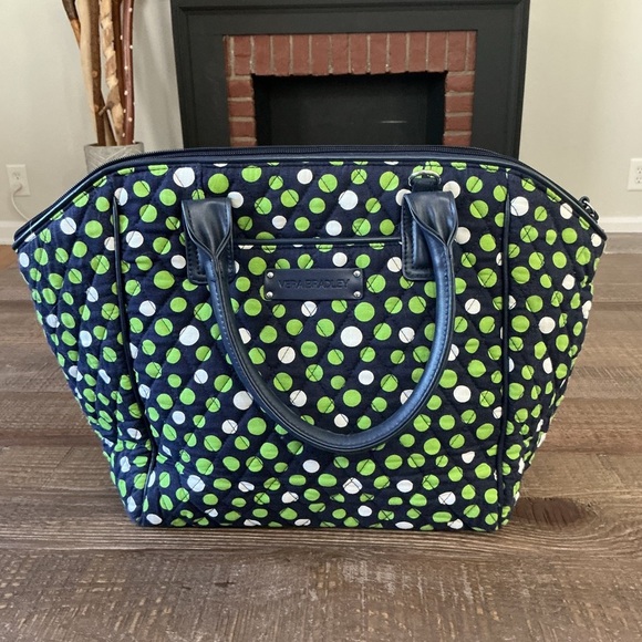 Vera Bradley Large Quilted Tote Bag Navy Green Dot Print - Picture 1 of 10